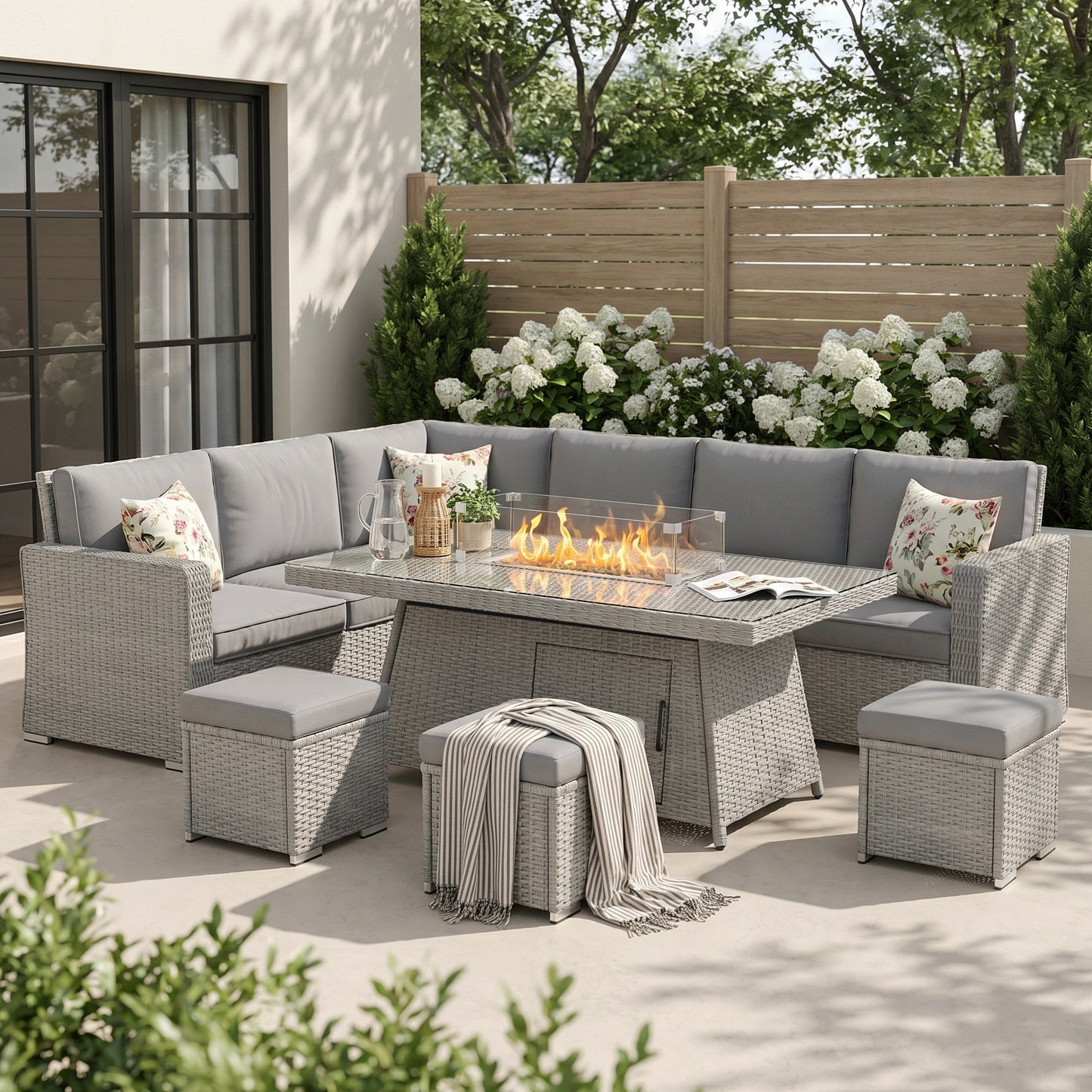 Seven-Piece Firepit Table Rattan Sofa Set - Grey