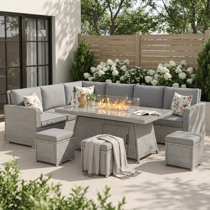 Seven-Piece Firepit Table Rattan Sofa Set - Grey