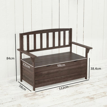 Outdoor 2 Seater Garden Bench, Wooden Bench with Storage, Backrest, Arm Rests, 112 x 84 x 58 cm, Brown