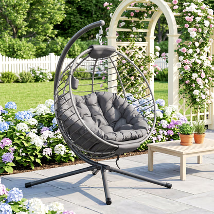 PE Rattan Swing Chair, Outdoor Hanging Chair with Metal Stand, Thick Padded Cushion, Foldable Basket and Cup Holder