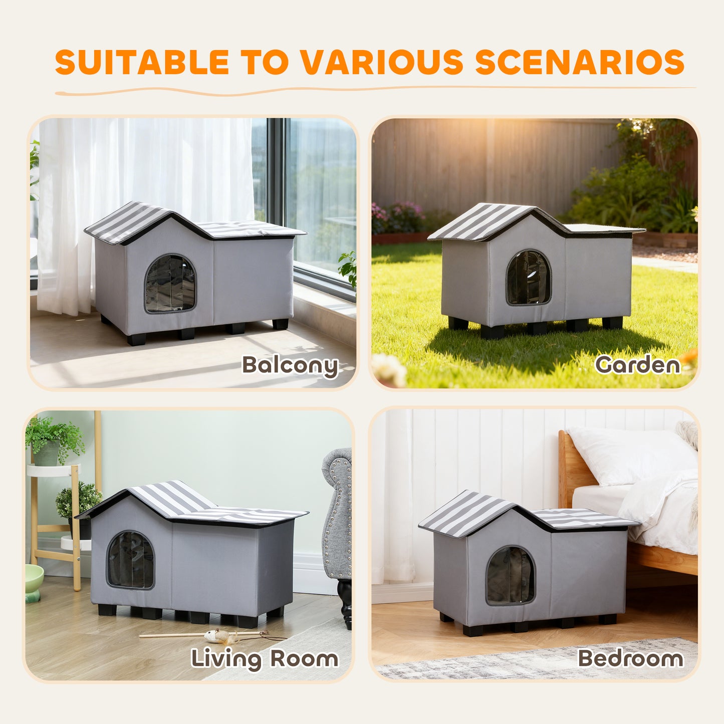 Outdoor Cat House, Weather Resistant Feral Cat Cave with Elevated Base and Cushion for Winter, Grey