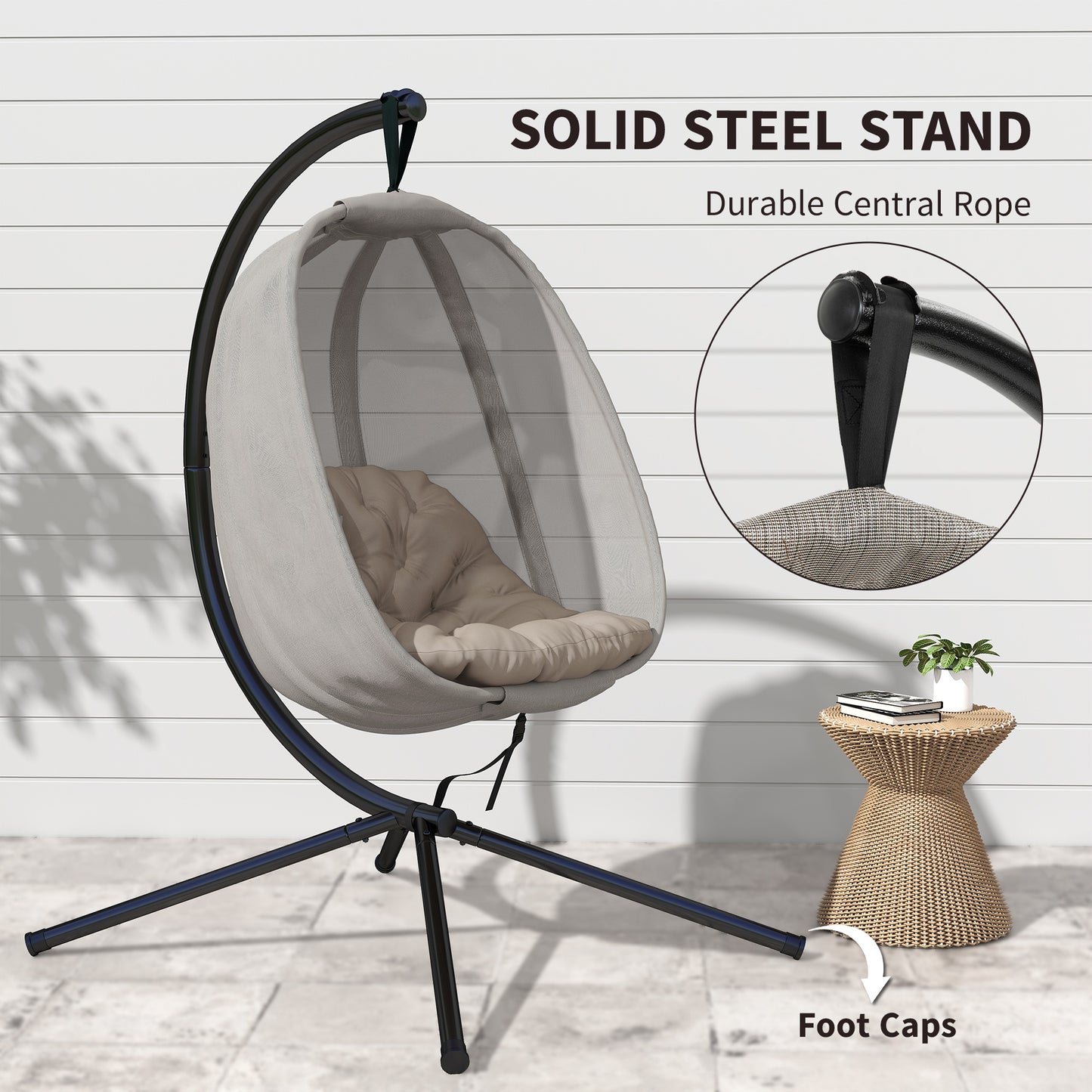 Hanging Egg Chair, Folding Texteline Swing Hammock with Side Pocket, Cushion and Stand for Indoor Outdoor
