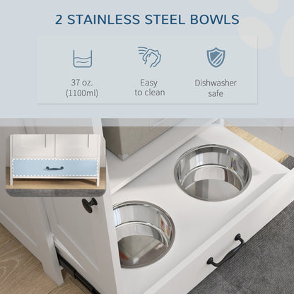 Pet Feeding Station with Raised Dog Bowls, Adjustable Panel, Hooks, White