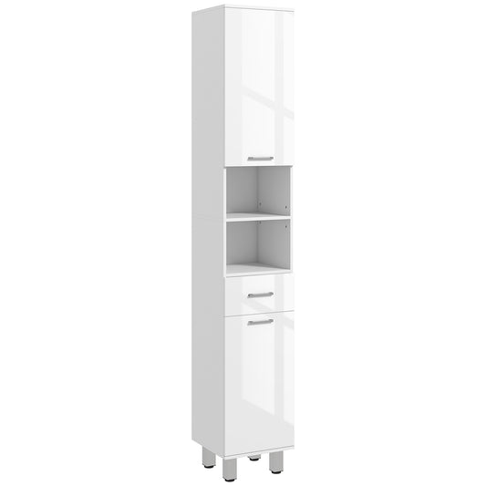 71" Tall Slim Bathroom Storage Cabinet, Narrow Cupboard with Drawer, Open Shelves, 2 Doors, White and High Gloss White
