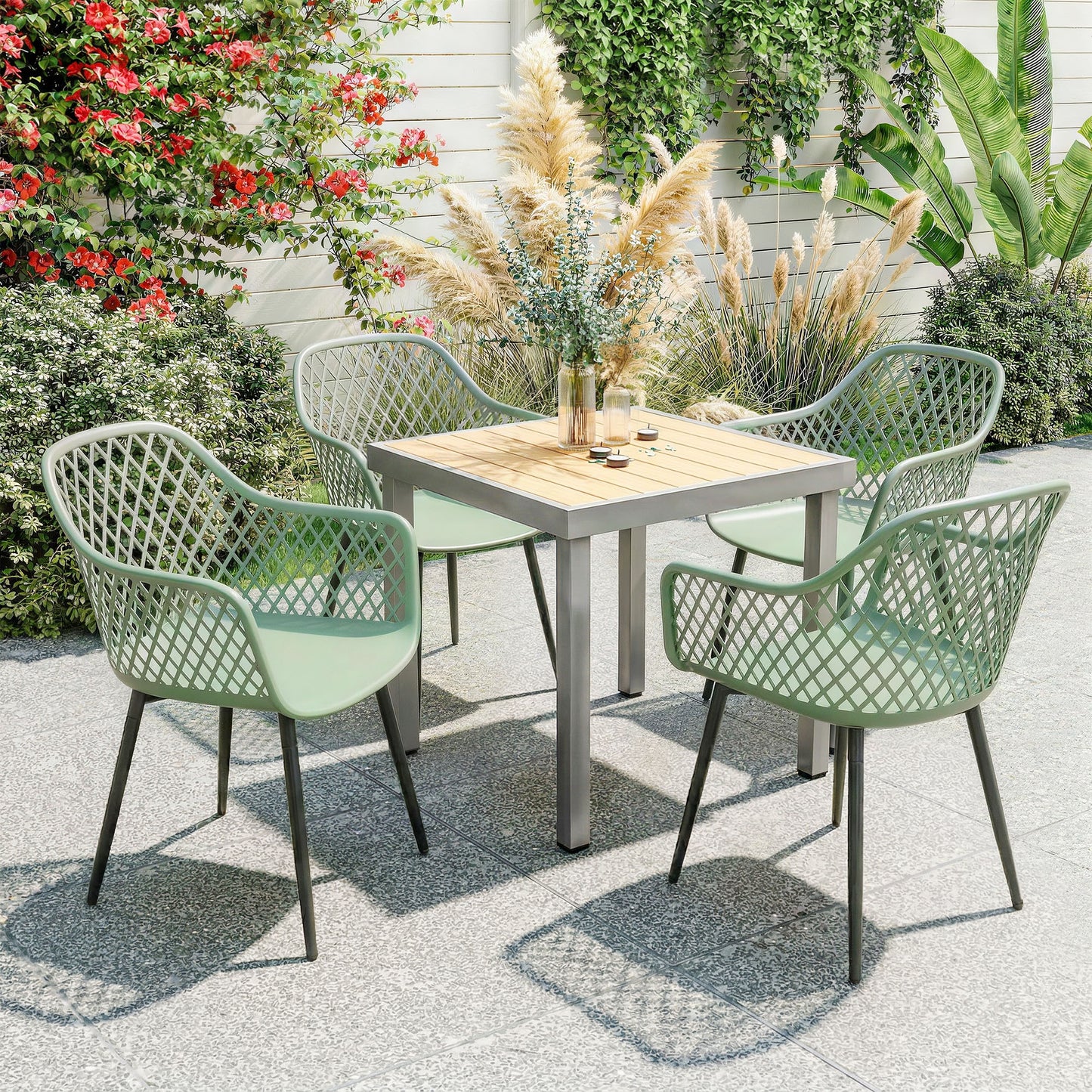 Garden Chairs Set of 4, Garden Dining Chairs with Cut Out Diamond Back and Armrests for Patio, Balcony, Terrace, Green