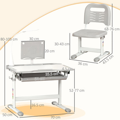 Kids Study Desk and Chair Set w/ Adjustable Height, Storage, Drawer, Grey
