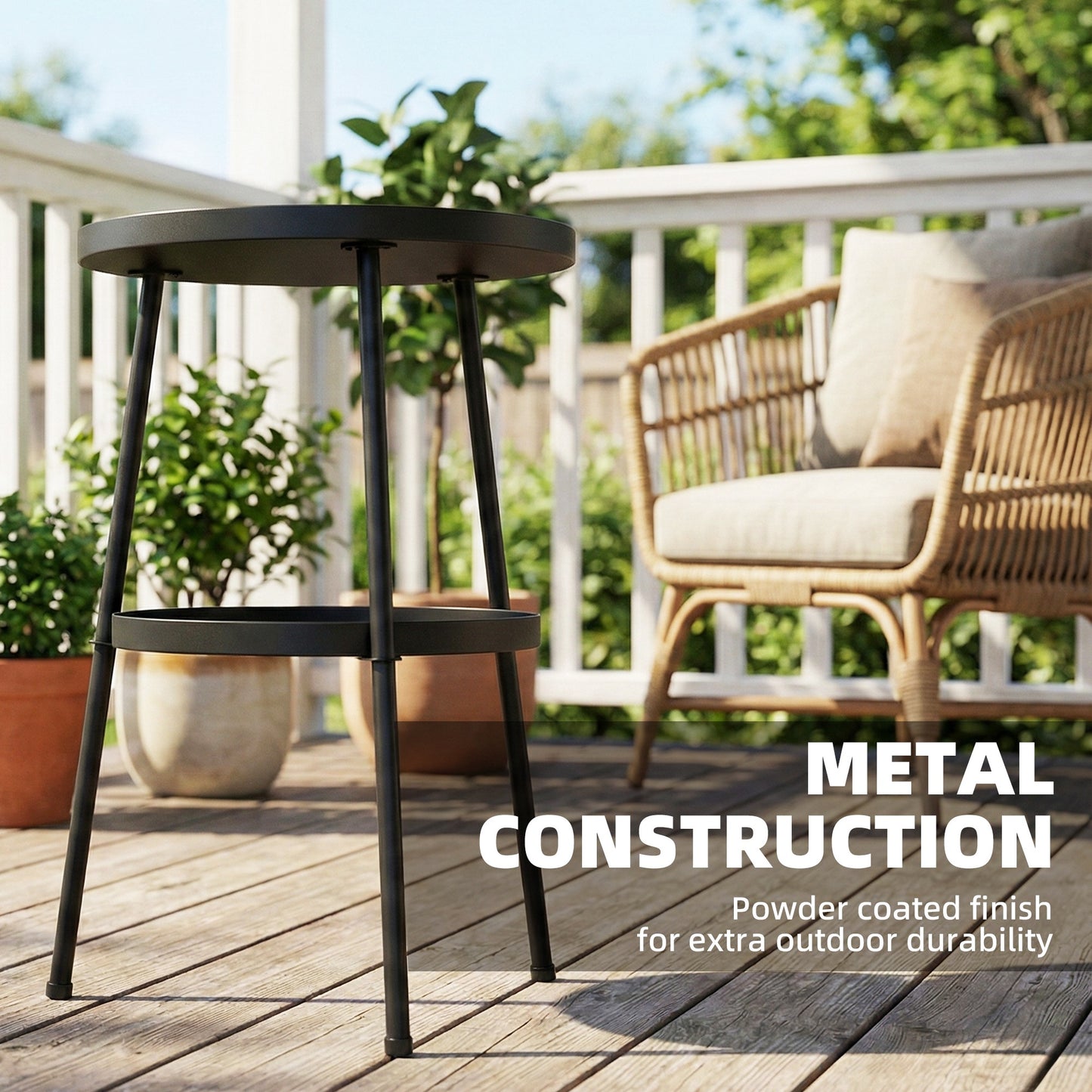 Patio Side Table, 2-Tier Round Coffee End Table for Garden Balcony Living Room Bedroom, Black