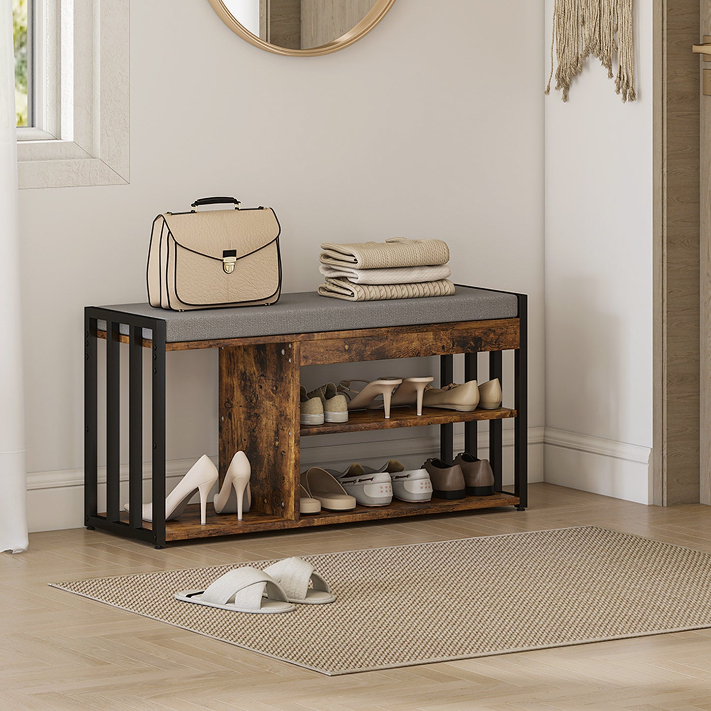 Shoe Storage with Seat, Upholstered Entryway Bench, Shoe Bench with 3 Open Shelves for Hallway, Rustic Brown