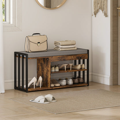 Shoe Storage with Seat, Upholstered Entryway Bench, Shoe Bench with 3 Open Shelves for Hallway, Rustic Brown