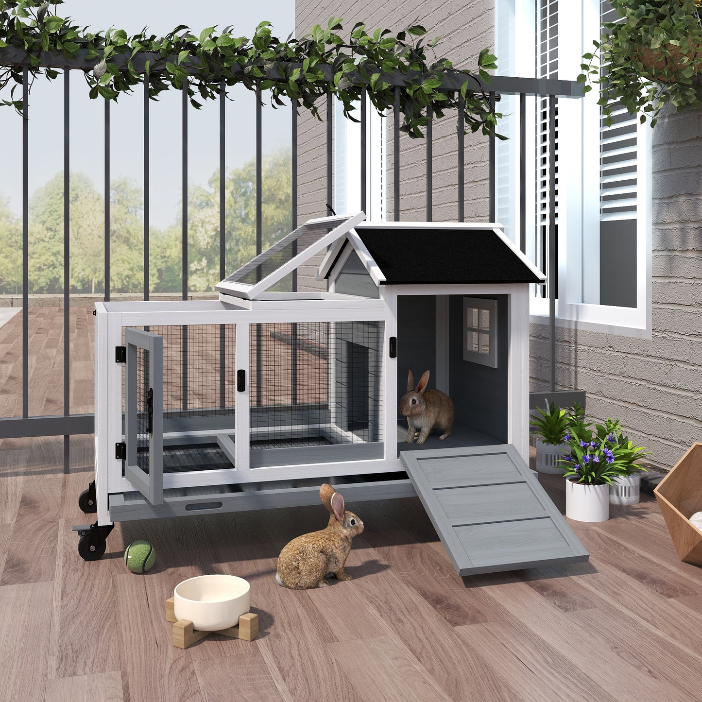 Wooden Rabbit Hutch, Guinea Pig Cage, with Removable Tray, Wheels - Grey