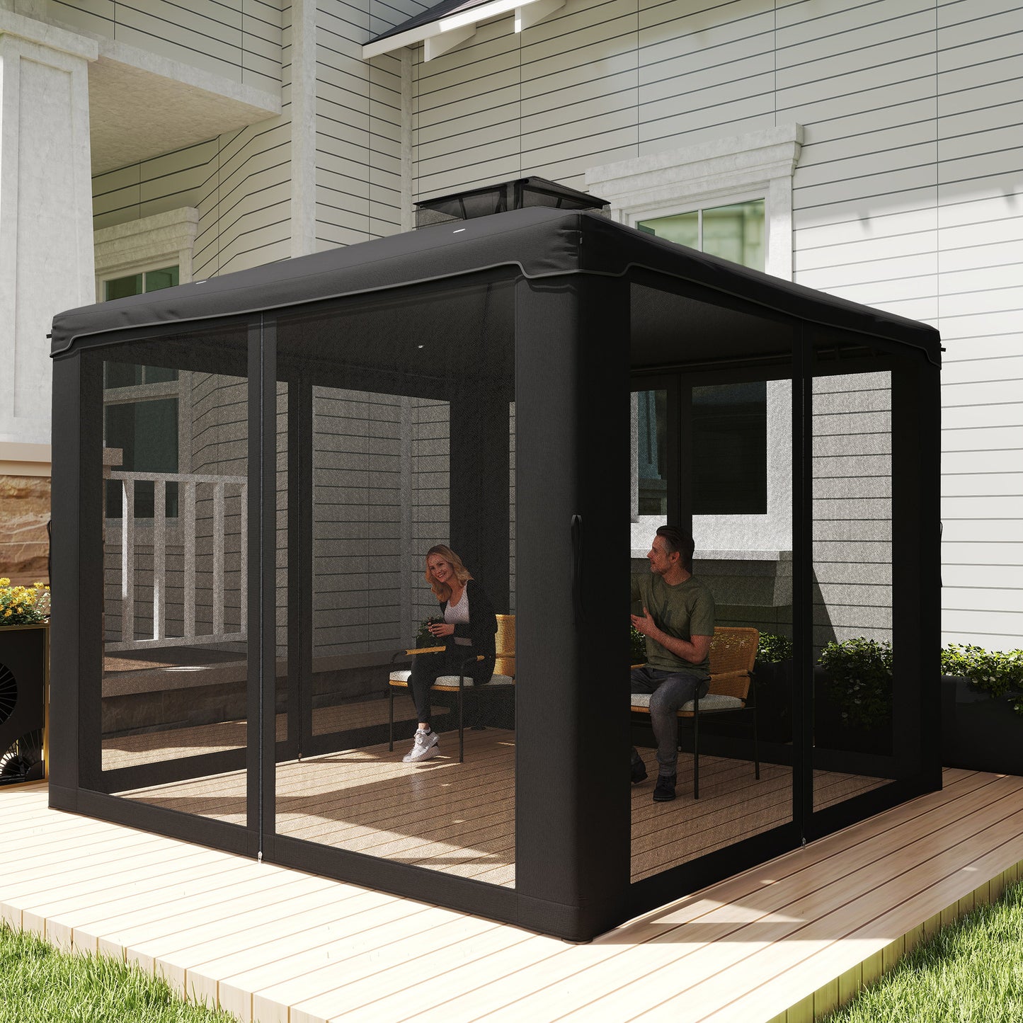3 x 3 m Metal Gazebo, Garden Pavillion, Double Roof Outdoor Canopy Shelter with Mesh Sidewalls, Black