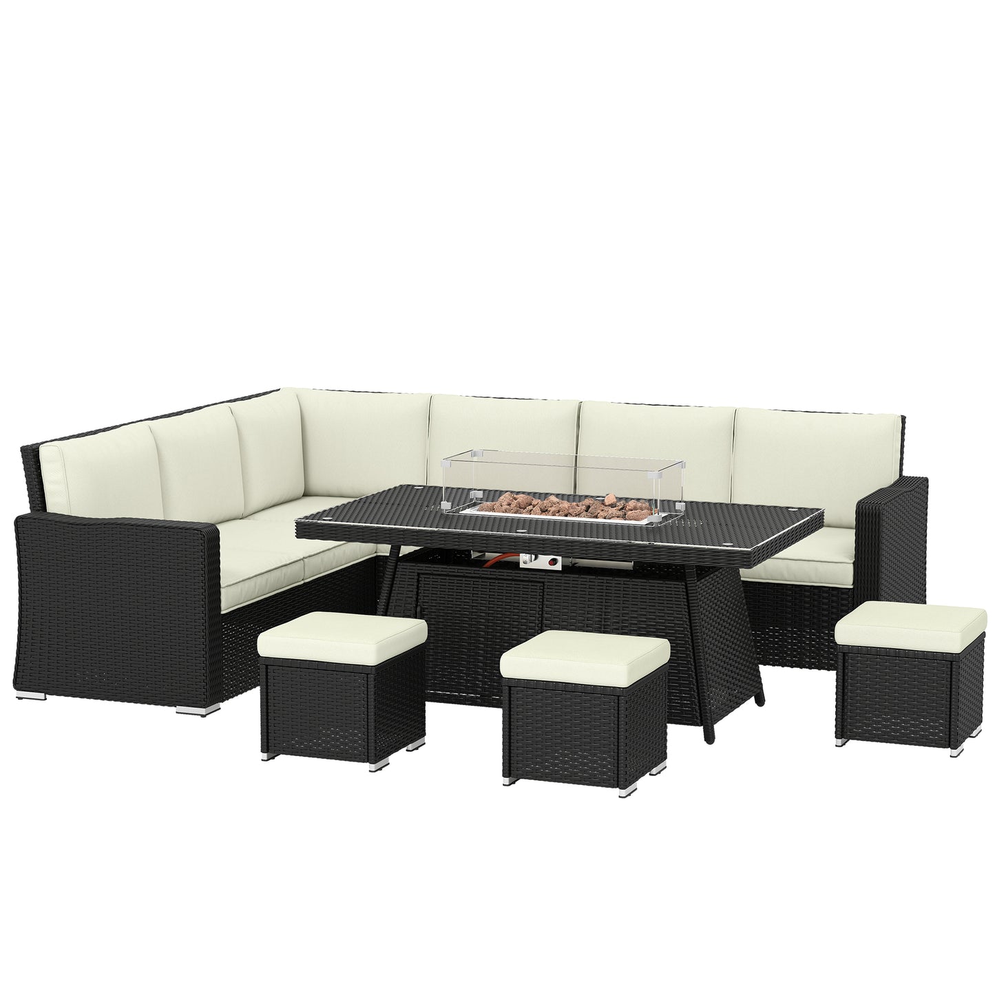 7 Pieces PE Rattan Garden Furniture Set, 50,000 BTU Gas Fire Pit Table, Double Corner Sofa and 3 Footstools
