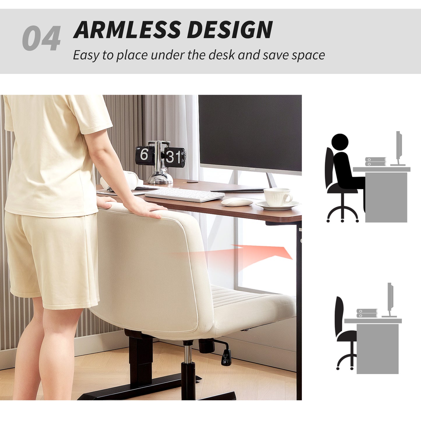 Armless Office Chair No Wheels, Linen Fabric Criss Cross Legged Desk Chair with Wide Seat, Thick Padding, Tilt Function