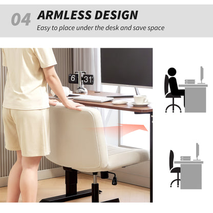 Armless Office Chair No Wheels, Linen Fabric Criss Cross Legged Desk Chair with Wide Seat, Thick Padding, Tilt Function