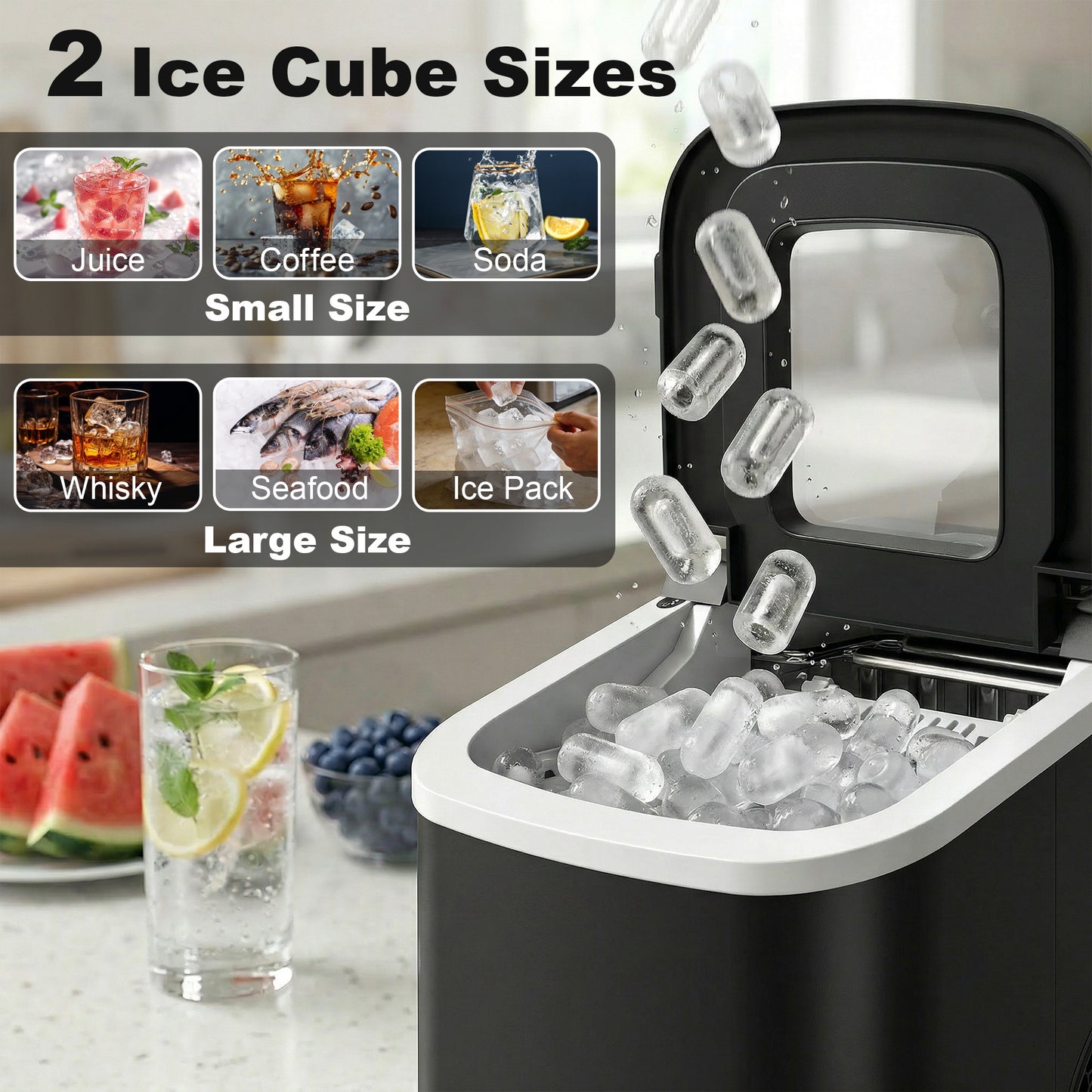 Countertop Ice Maker Machine 9 Cubes in 7 Mins Portable Ice Machine Ice Scoop and Basket 2 Sizes Black