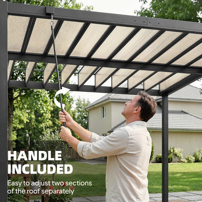 3 x 3 m Louvered Pergola with PC Roof, Aluminium Patio Gazebo Pergola Canopy with Drainage Gutters, Handle, Coffee