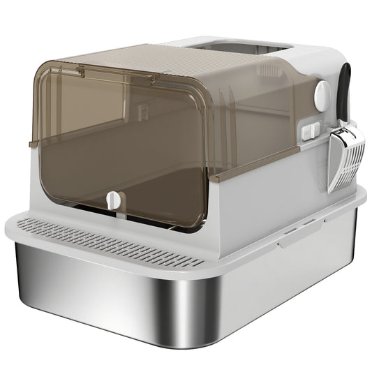 XXL Stainless Steel Cat Litter Tray, Enclosed Cat Litter Box with 90° Flip Cover, Double Doors, Scoop, Easy Clean, Grey