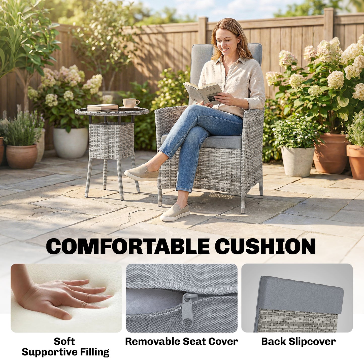 Rattan Bistro Set, Reclining Garden Chairs and Glass Coffee Table with Cushions for Patio Balcony Porch, Light Grey