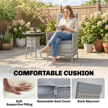 Rattan Bistro Set, Reclining Garden Chairs and Glass Coffee Table with Cushions for Patio Balcony Porch, Light Grey
