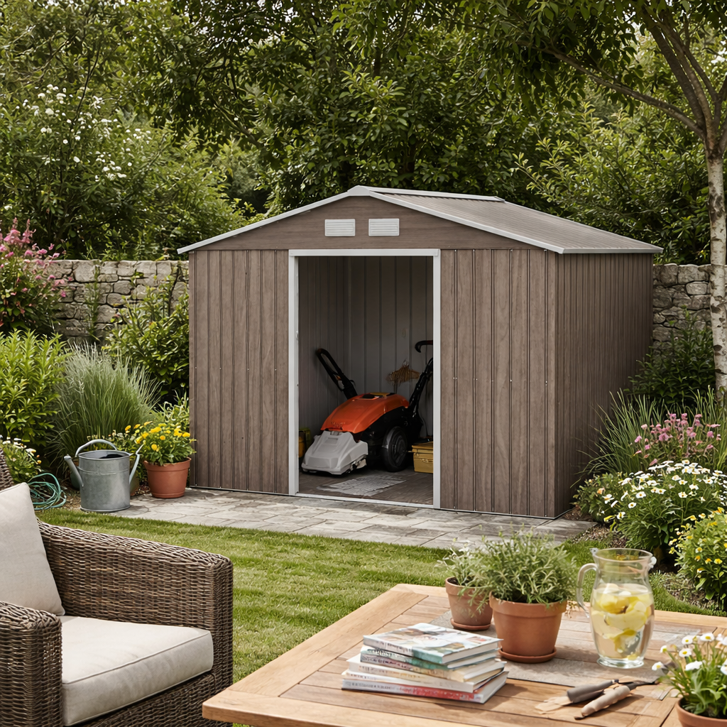 9 x 6ft Steel Garden Shed, Outdoor Storage Tool House with Vents, Foundation and Lockable Double Doors, Brown