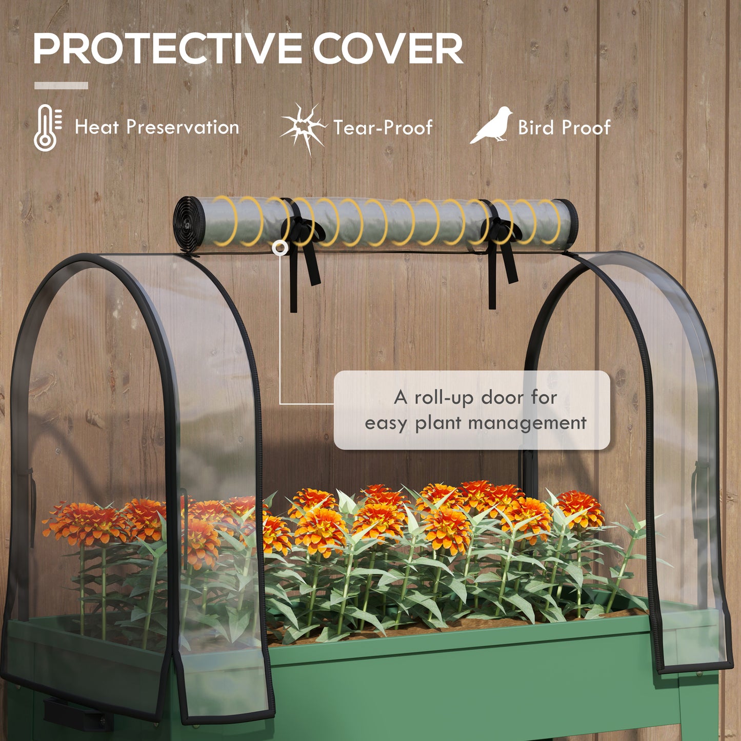Raised Planter with Greenhouse Cover, Mobile Elevated Garden Bed with Wheels and Bottom Shelf for Vegetables, Green