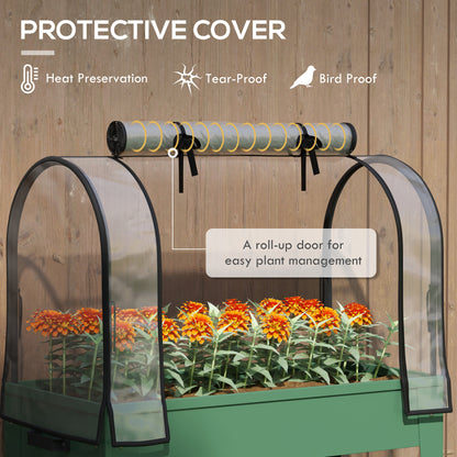 Raised Planter with Greenhouse Cover, Mobile Elevated Garden Bed with Wheels and Bottom Shelf for Vegetables, Green