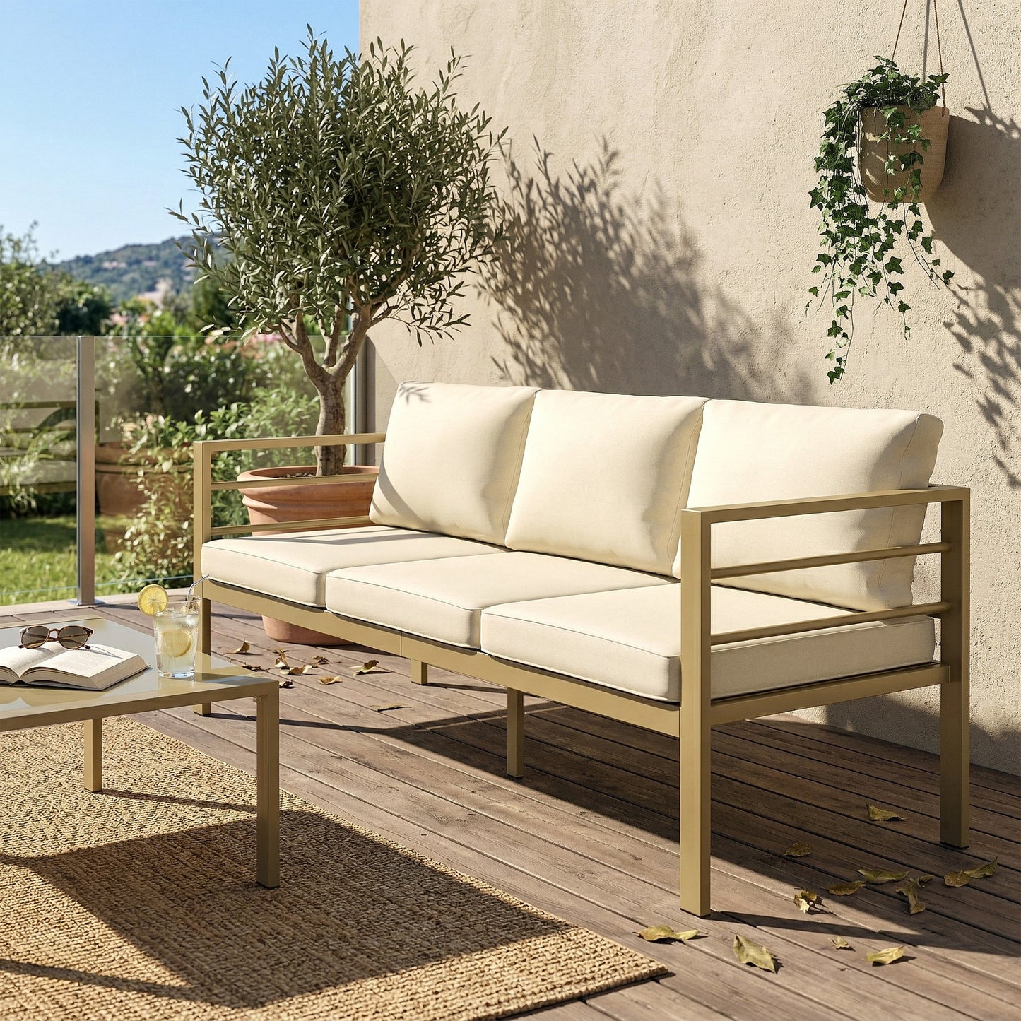 Garden Bench with Cushions, 3-Seater Sofa with Backrest, Armrest and Back Cushions, 185 x 66 x 64cm, Cream White