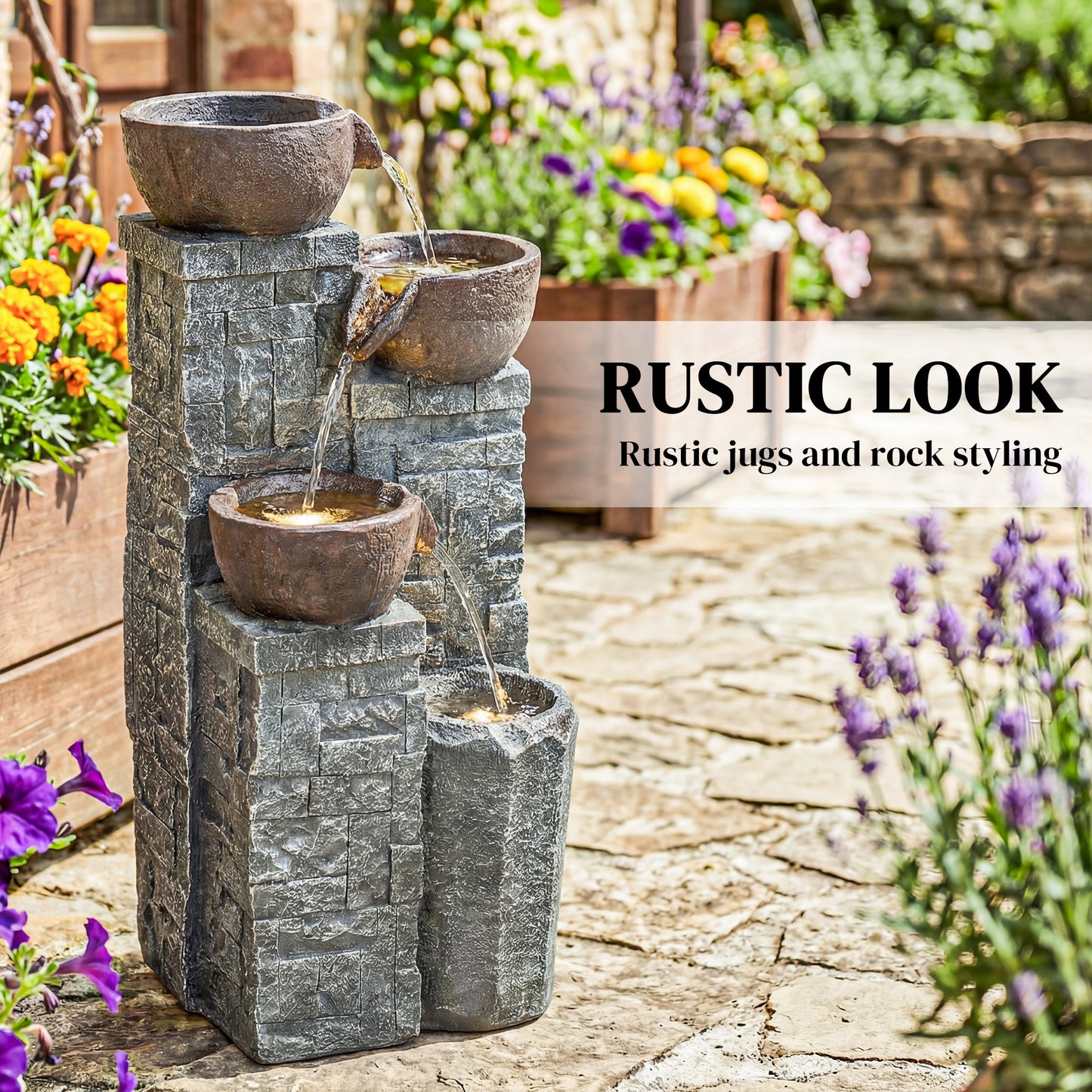 4-Tier Outdoor Fountain, Cascading Waterfall, Garden Fountain with LED Lights, Adjustable Flow, Grey and Rustic Brown
