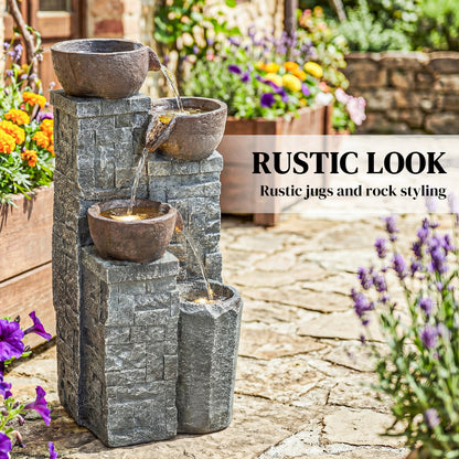 4-Tier Outdoor Fountain, Cascading Waterfall, Garden Fountain with LED Lights, Adjustable Flow, Grey and Rustic Brown