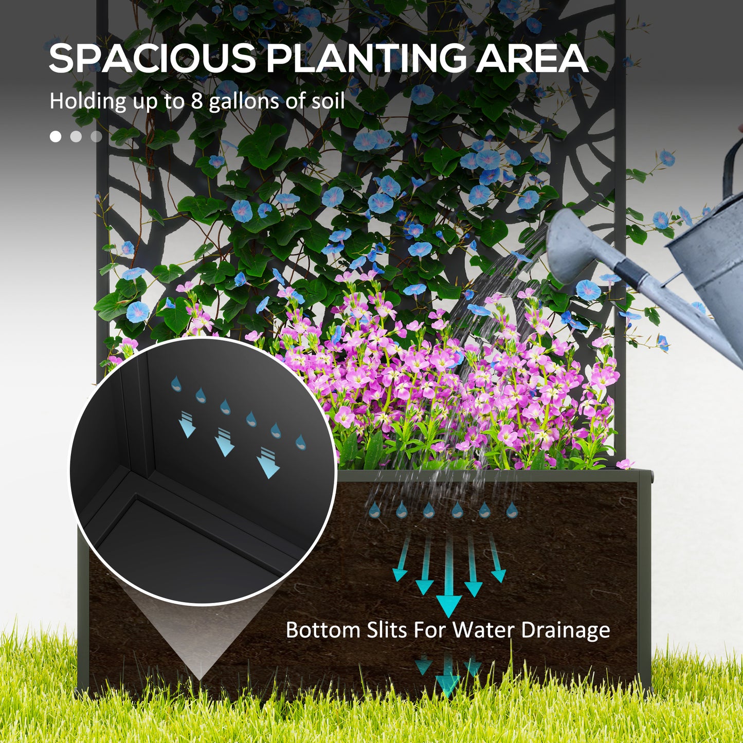 Outdoor Metal Planter, with Back Trellis - Black