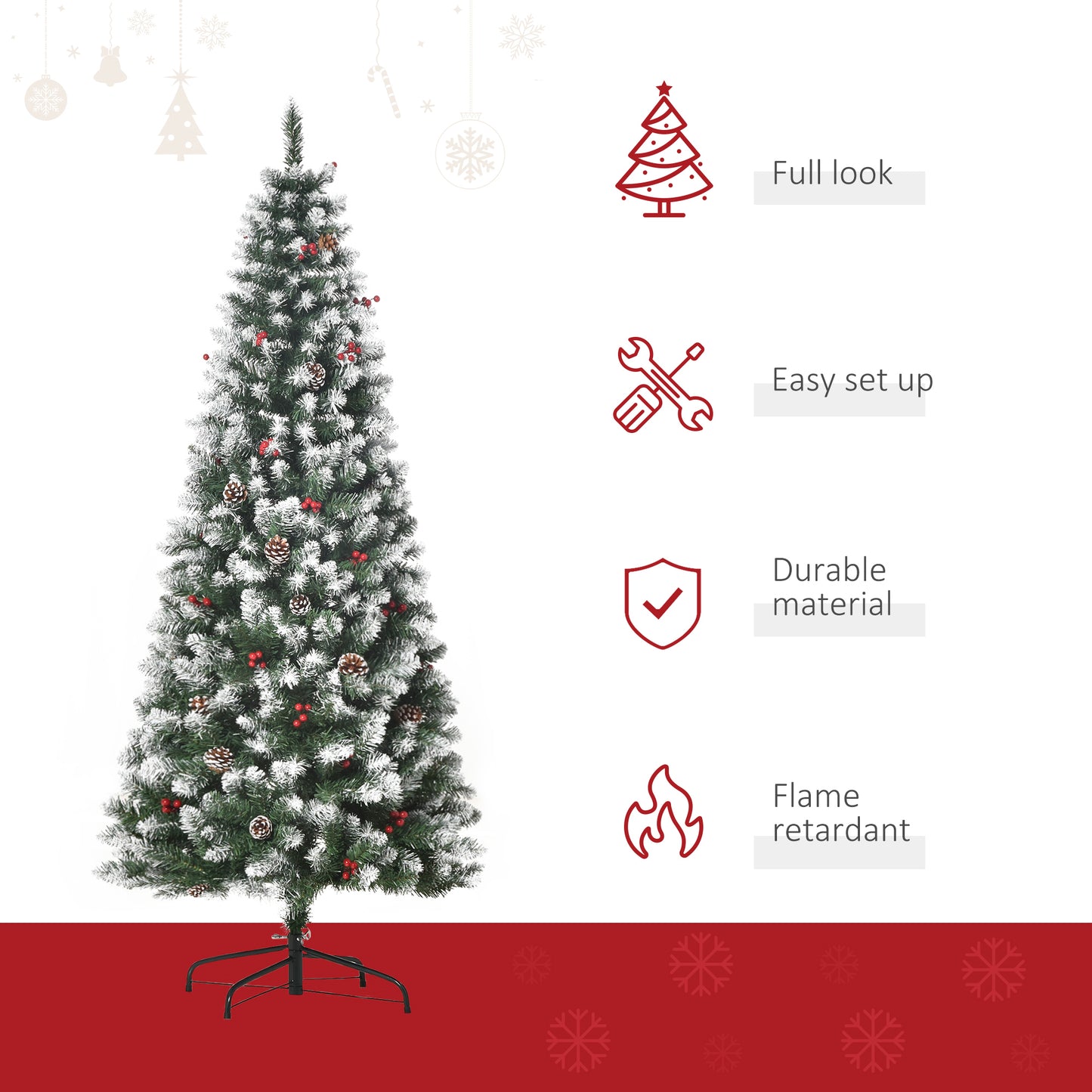 6FT Artificial Christmas Tree Xmas Pencil Tree with Red Berries and Pinecones Holiday Home Indoor Decoration with Foldable Fe