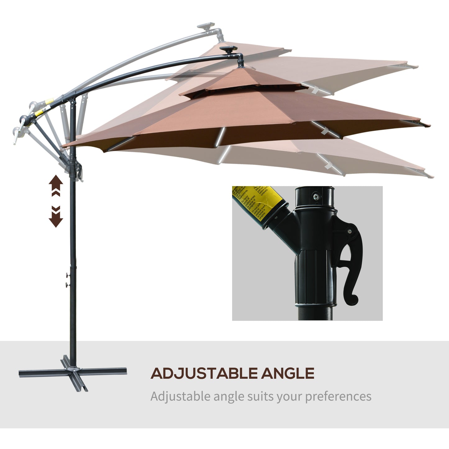 3(m) Cantilever Banana Parasol Hanging Umbrella with Double Roof, LED Solar lights, Crank