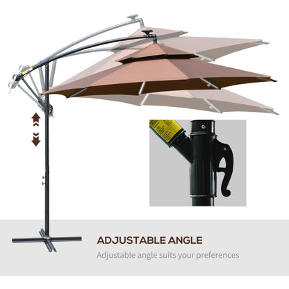 3(m) Cantilever Banana Parasol Hanging Umbrella with Double Roof, LED Solar lights, Crank