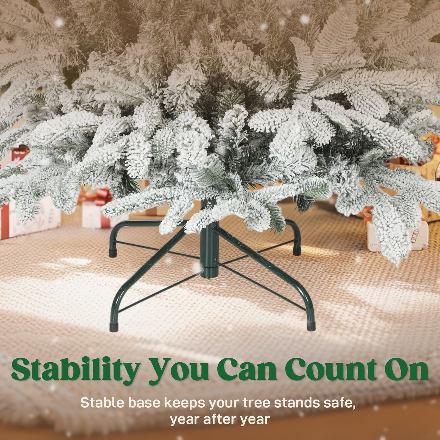 5 ft Artificial Flocked Christmas Tree with 717 Branches, Hinged Xmas Tree with Foldable Metal Stand