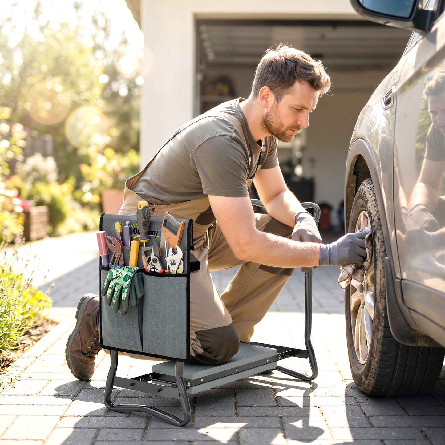 Steel Frame Padded Garden Kneeler, with Tool Bag - Grey