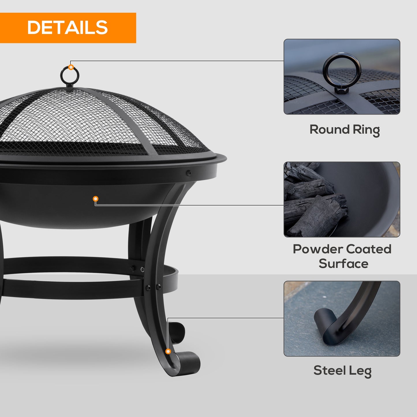Outdoor Fire Pit, Firepit with Mesh Lid, Poker, for Camping, Bonfire, Picnic, Black