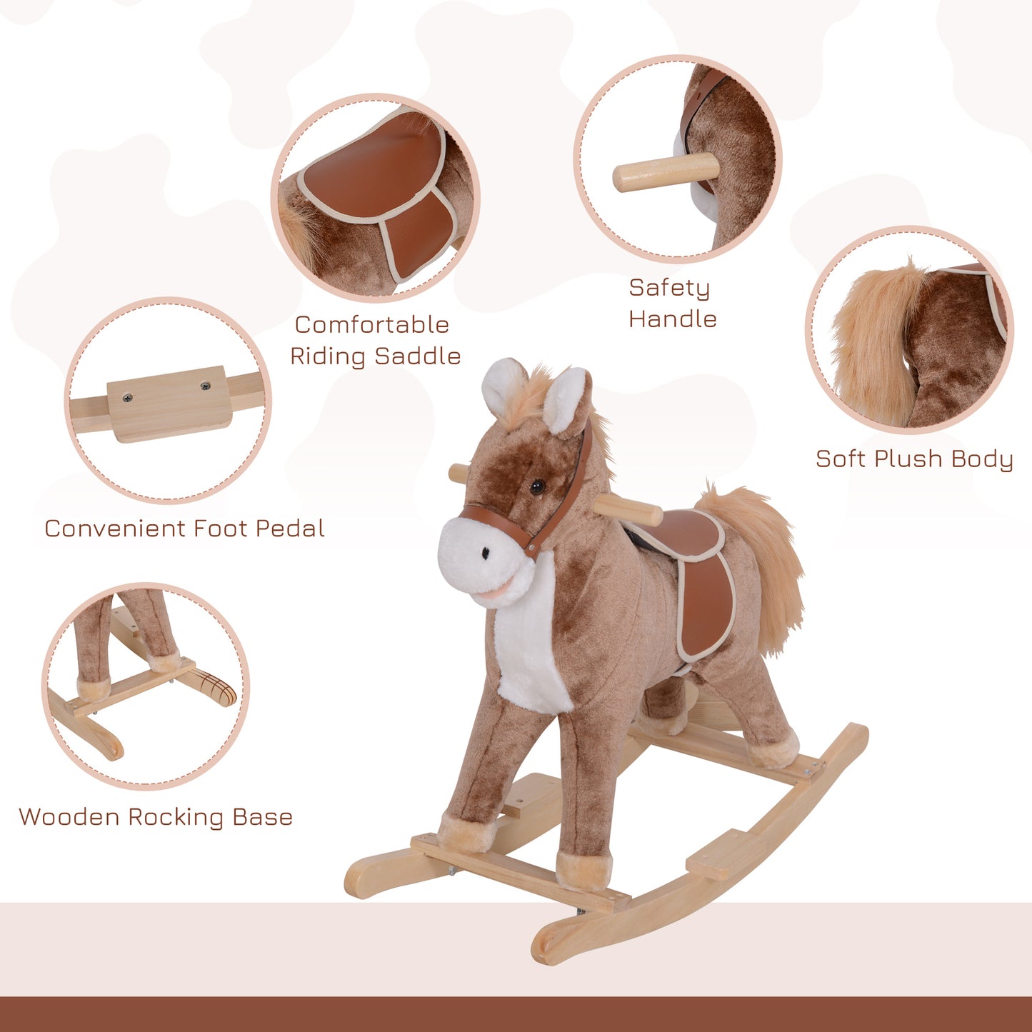 Kids Children Plush Rocking Horse Wooden Base Ride On Toy Rocker with Handle Grip Traditional Toy Fun Gift for Age 3+ (Brown