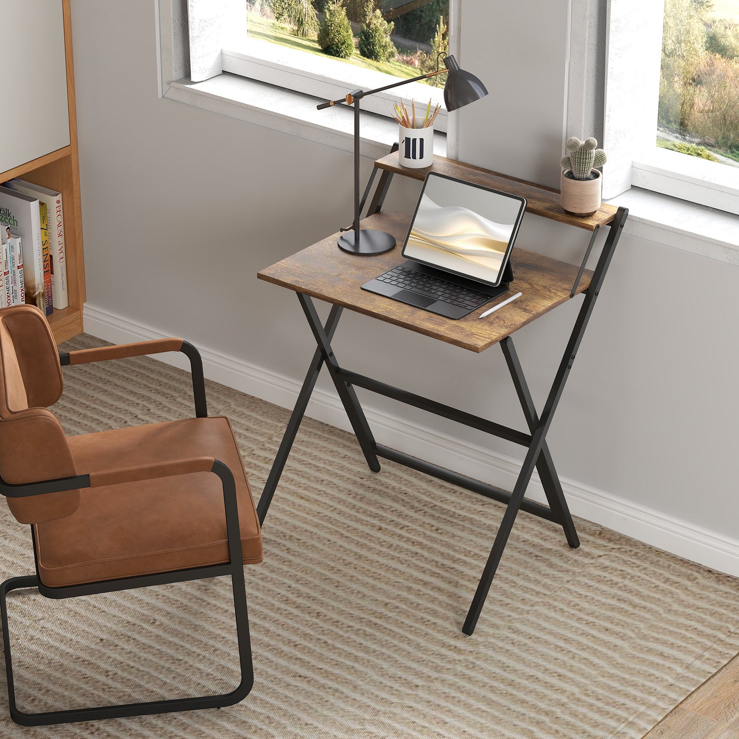 70 cm Folding Computer Desk with Monitor Shelf - Rustic Brown