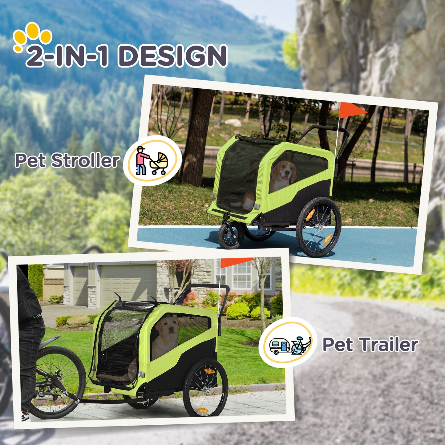 Dog Bike Trailer, 2 in 1 Dog Stroller for Large Dogs with Hitch, Quick-release 20" Wheels
