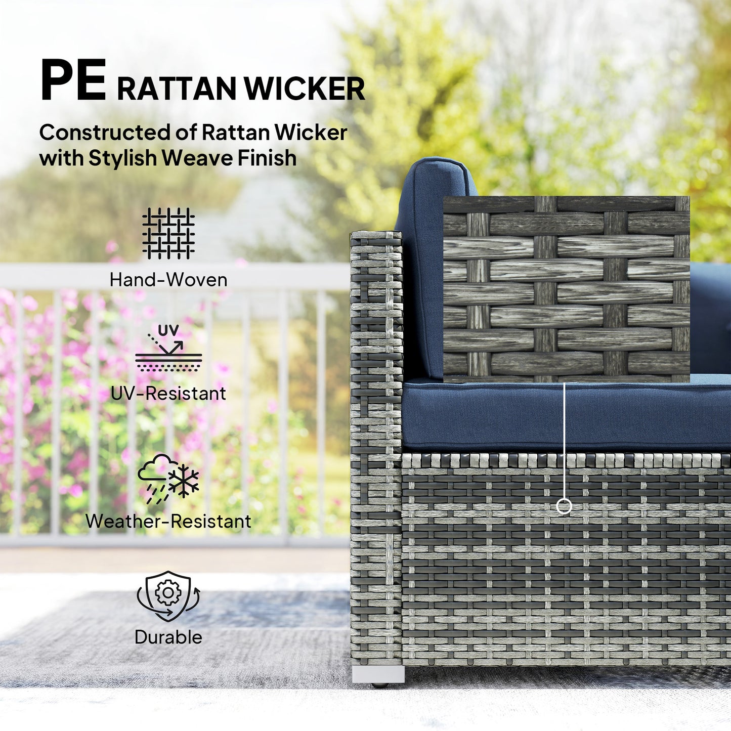 8 Pieces PE Rattan Corner Sofa Set, Outdoor Garden Furniture Set, Patio Wicker Sofa Seater with Cushion, Dark Blue