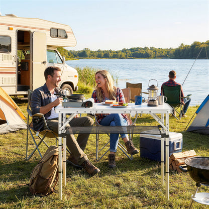 3ft Folding Camping Table, Picnic Table with Mesh Storage Layer, Carrying Bag and Metal Frame, Cream White