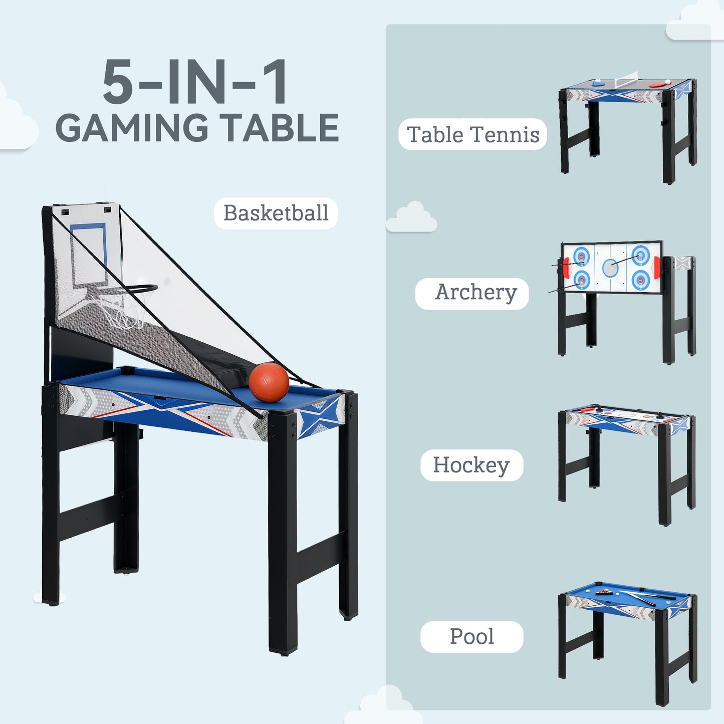 5-in-1 Multi Games Table, with Pool, Table Tennis, Basketball, Hockey, Archery, Blue