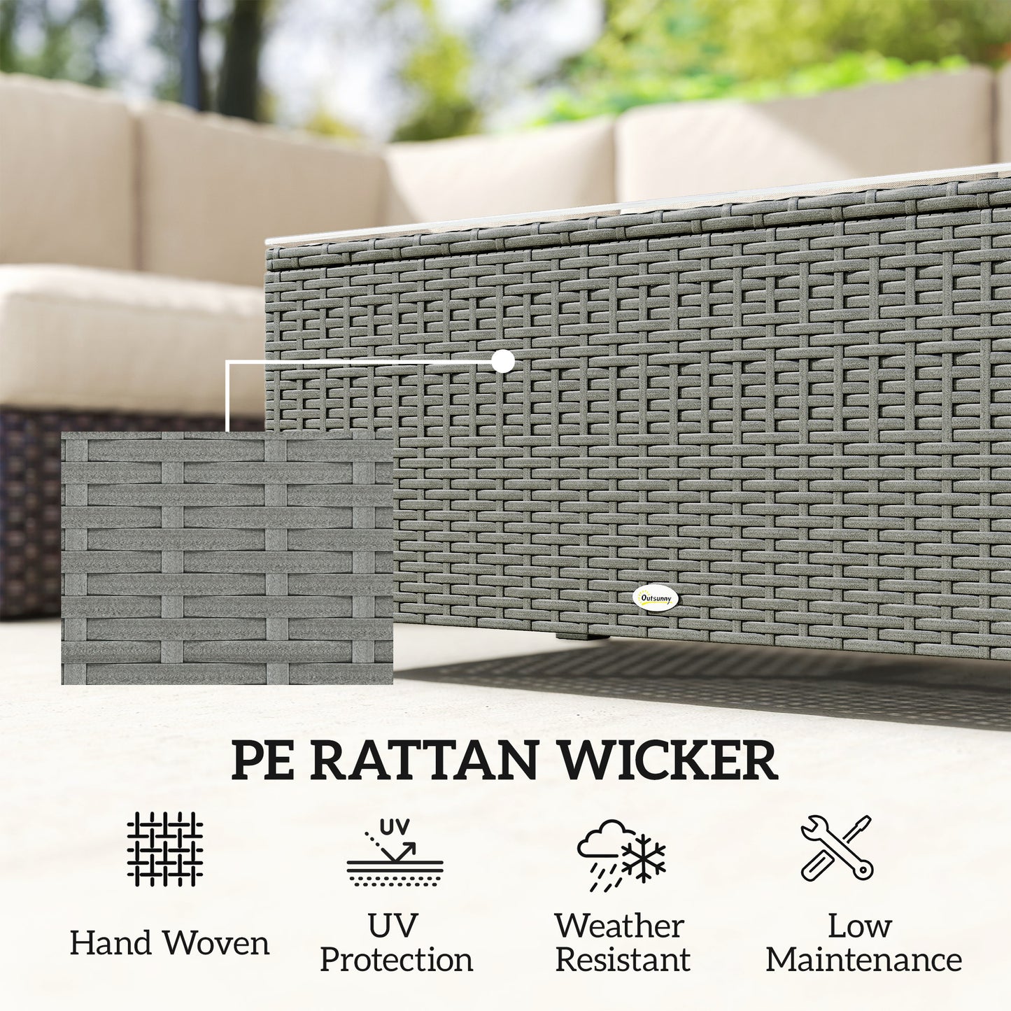 Rattan Garden Coffee Table with Glass Top, Light Grey