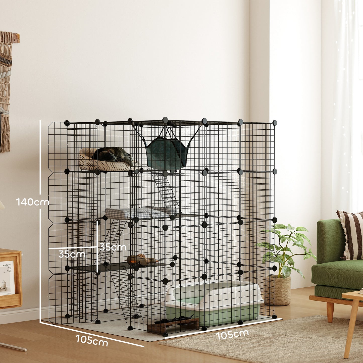 Steel Wire Cat Cage Indoor with Hammock, Ramps, Doors, DIY Cat Enclosure for 1-3 Cats, Black