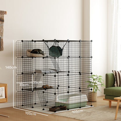 Steel Wire Cat Cage Indoor with Hammock, Ramps, Doors, DIY Cat Enclosure for 1-3 Cats, Black
