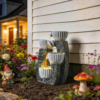 4-Tier Bowl Water Feature, Indoor Outdoor Garden Water Fountain with Pump and LED Lights, Resin Cascading Waterfall