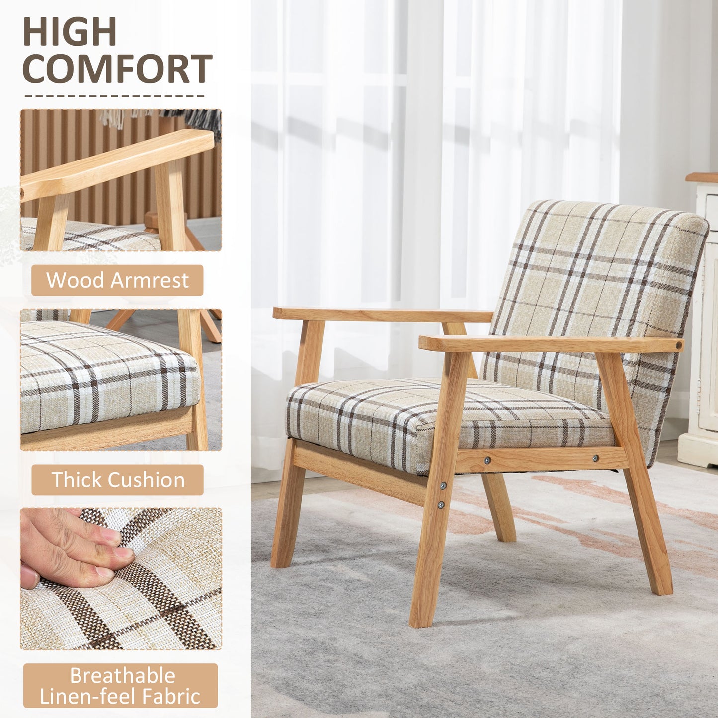 Modern One Seater Sofa for Living Room, Linen Fabric Small Couch with Rubber Wood Frame, Armrests, Lattice Pattern