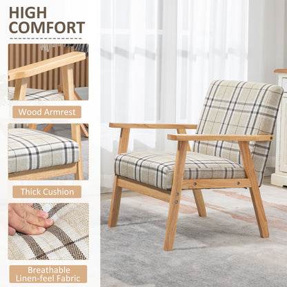 Modern One Seater Sofa for Living Room, Linen Fabric Small Couch with Rubber Wood Frame, Armrests, Lattice Pattern