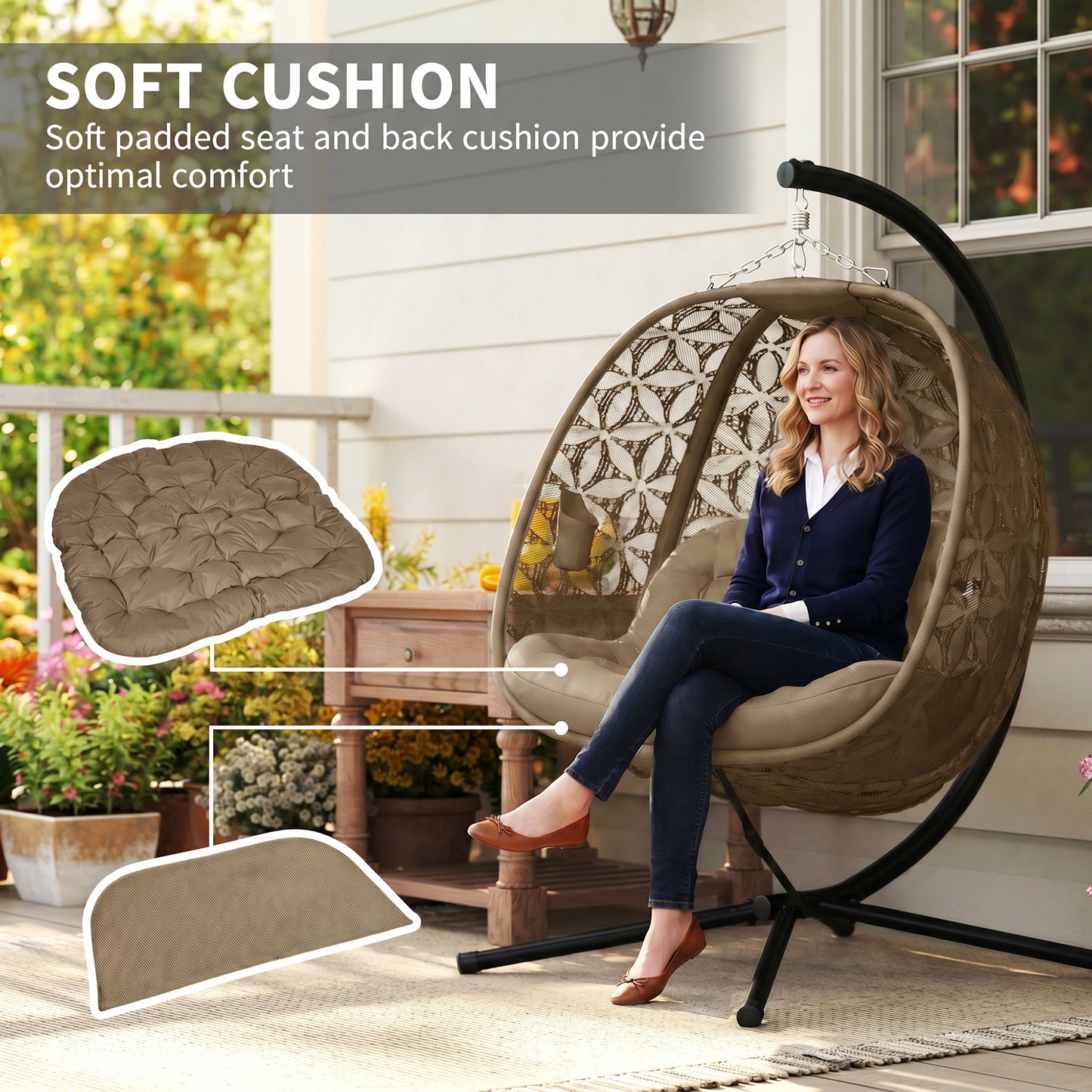 Outdoor Double Hanging Chair with Cushion and Cup Holders, Sand Brown