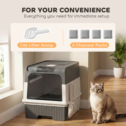Enclosed Cat Litter Box with Lid, Pull-Out Drawer Tray, Scoop, 4 Deodorisation Bags, Front Entry & Top Exit, Grey
